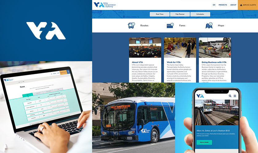 Compilation of VTA logo with screenshots of VTA website design