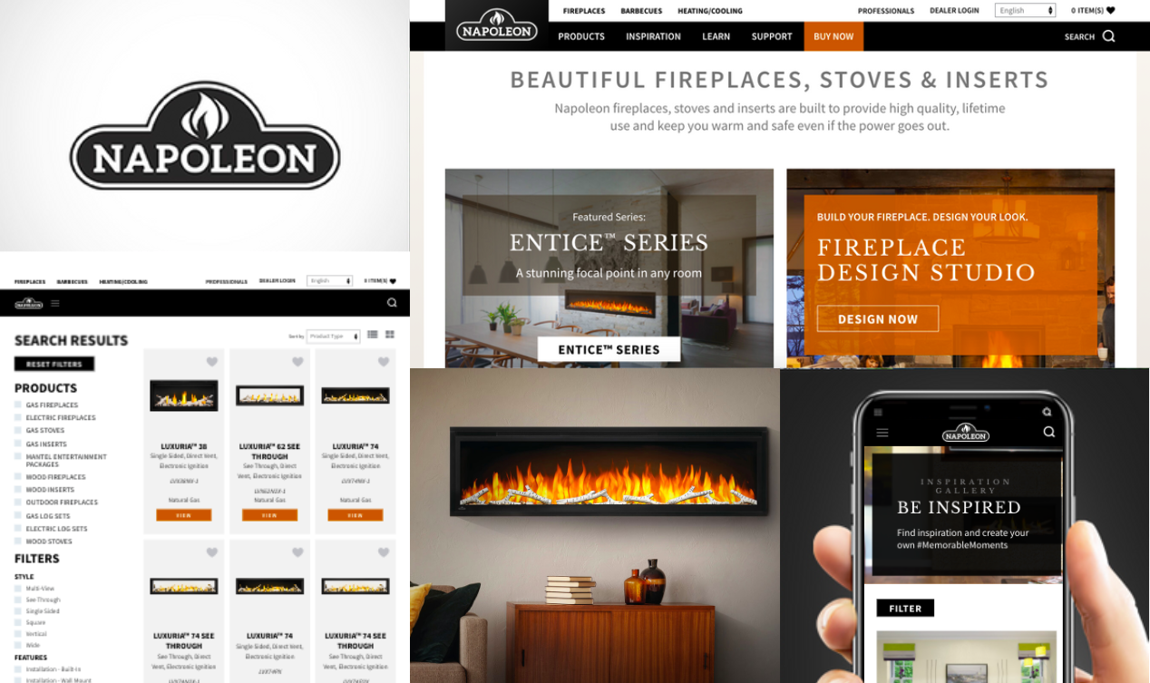 Napoleon Fireplaces logo, fireplace, website view on different screens