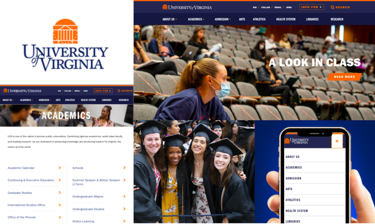 University of Virginia logo, website homepage, mobile screen, and graduates