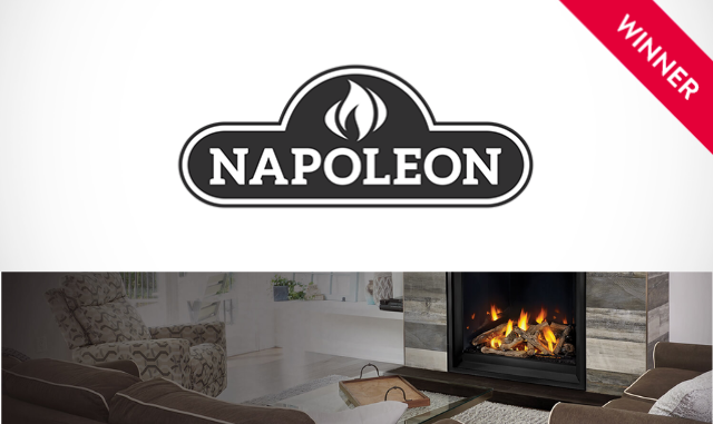Napoleon Fireplaces logo with fireplace and winner badge